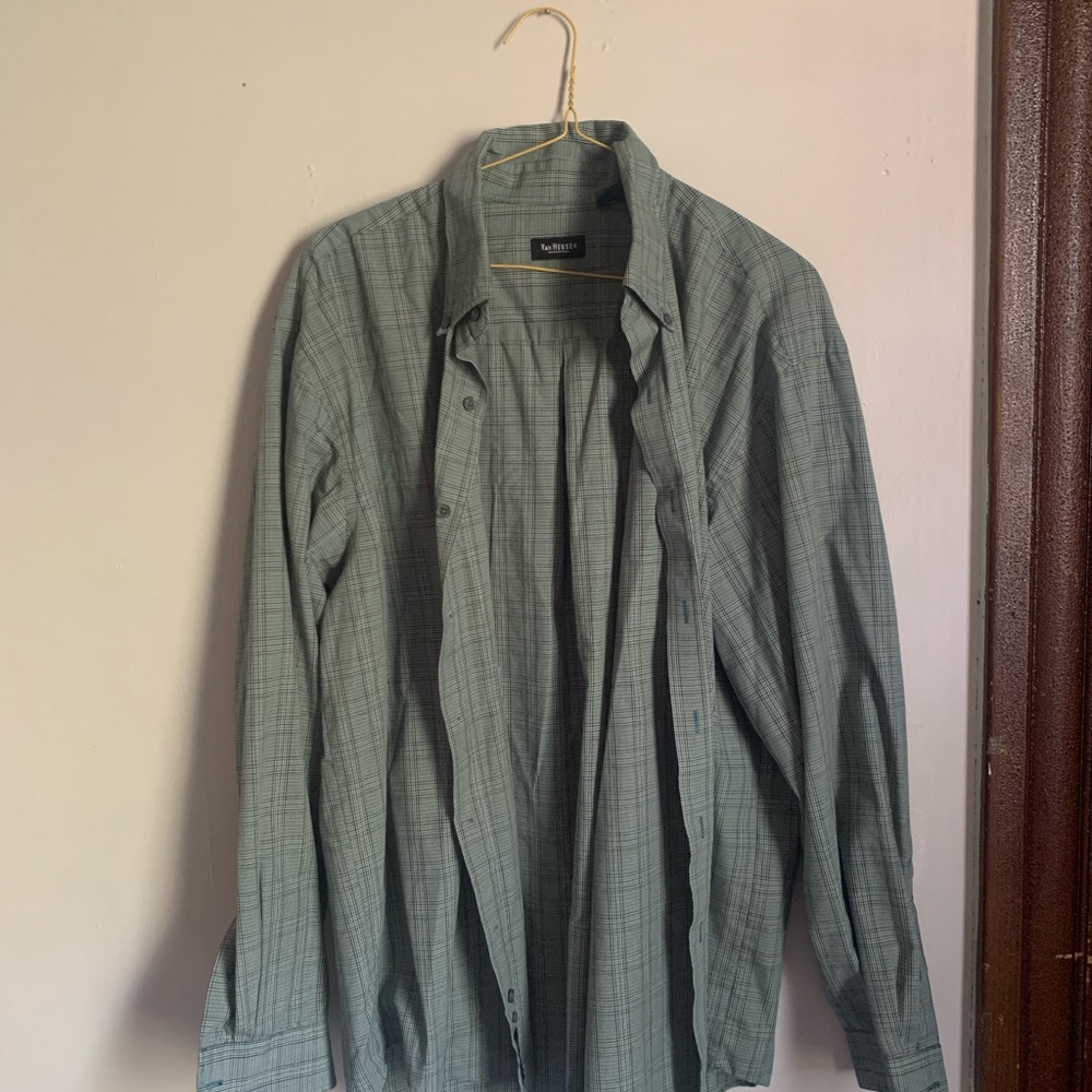 Van Heusen Mint Green Plaid Men's Button Down Button Up Shirt